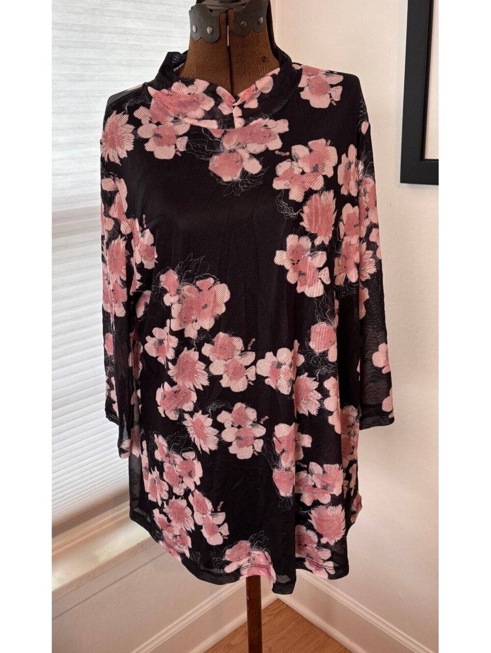 Ulla Popken 12/14 Black Pink Floral Mesh Tunic Top Mock Neck Layered (2162)